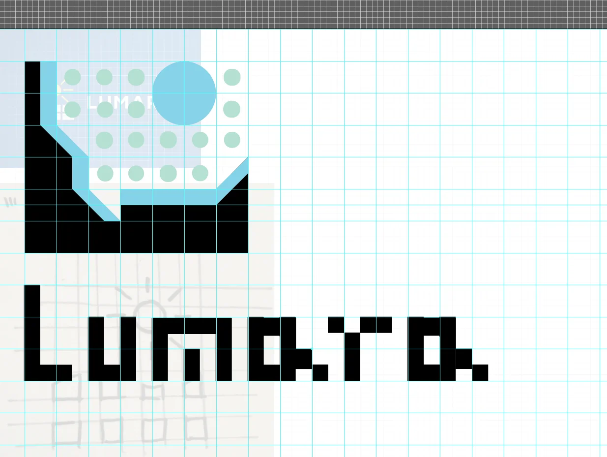 Blocky Lumara wordmark constructed on the grid