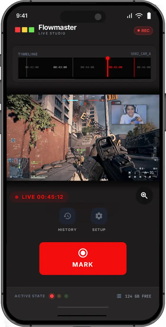 Flowmaster companion app, portrait — timeline, live preview and the MARK button