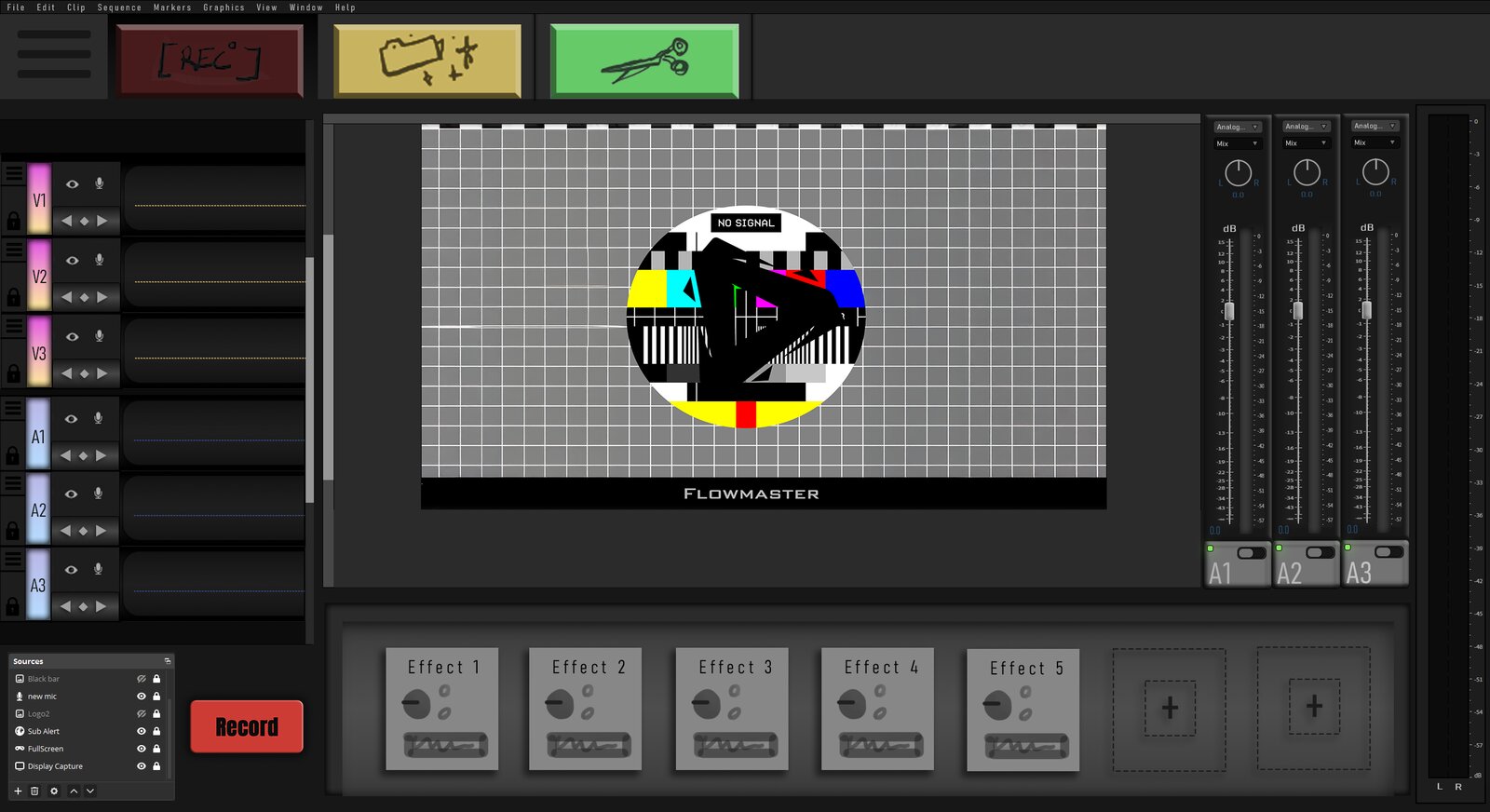Flowmaster editor prototype — record, organize and trim tabs above a preview monitor, track stack and effect racks