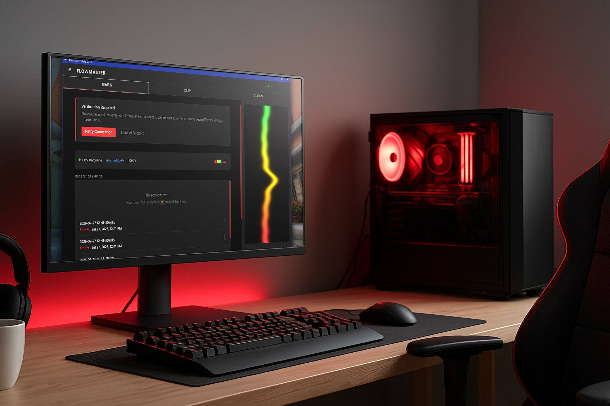 Flowmaster desktop app on a gaming rig: the MARK, CLIP and CLEAN tabs and the live mark status visualizer