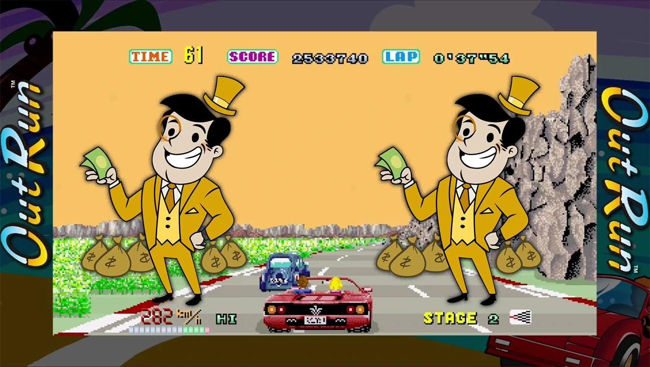 A concept collage blending an OutRun driving scene with AdVenture Capitalist characters and money bags.