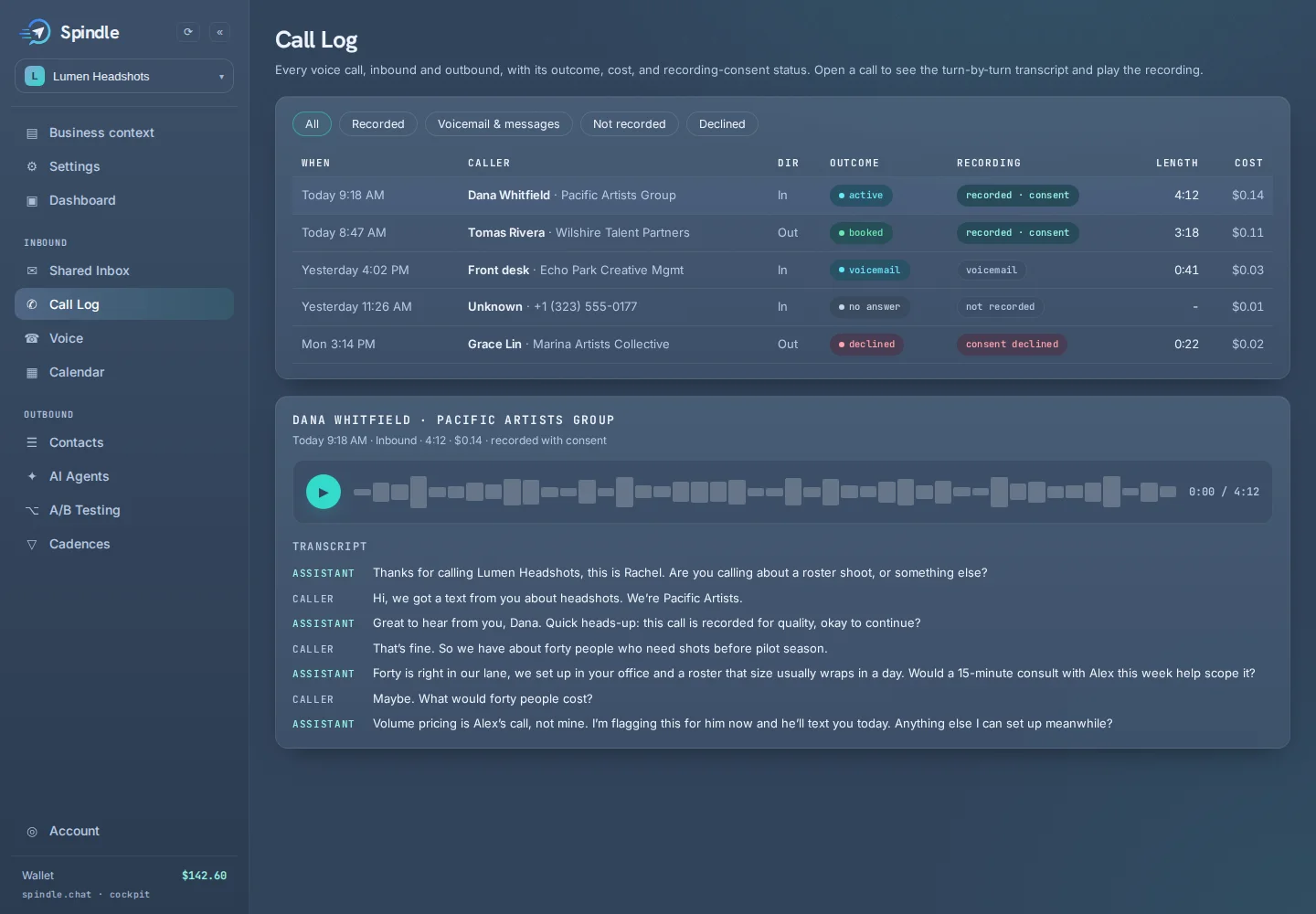 Spindle cockpit — Call Log with consent status