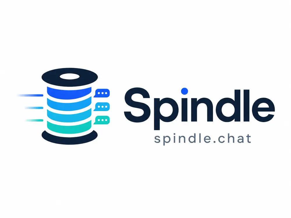 Spindle logo, second pass — a thread spool with blue-to-teal bands and chat bubbles, on white