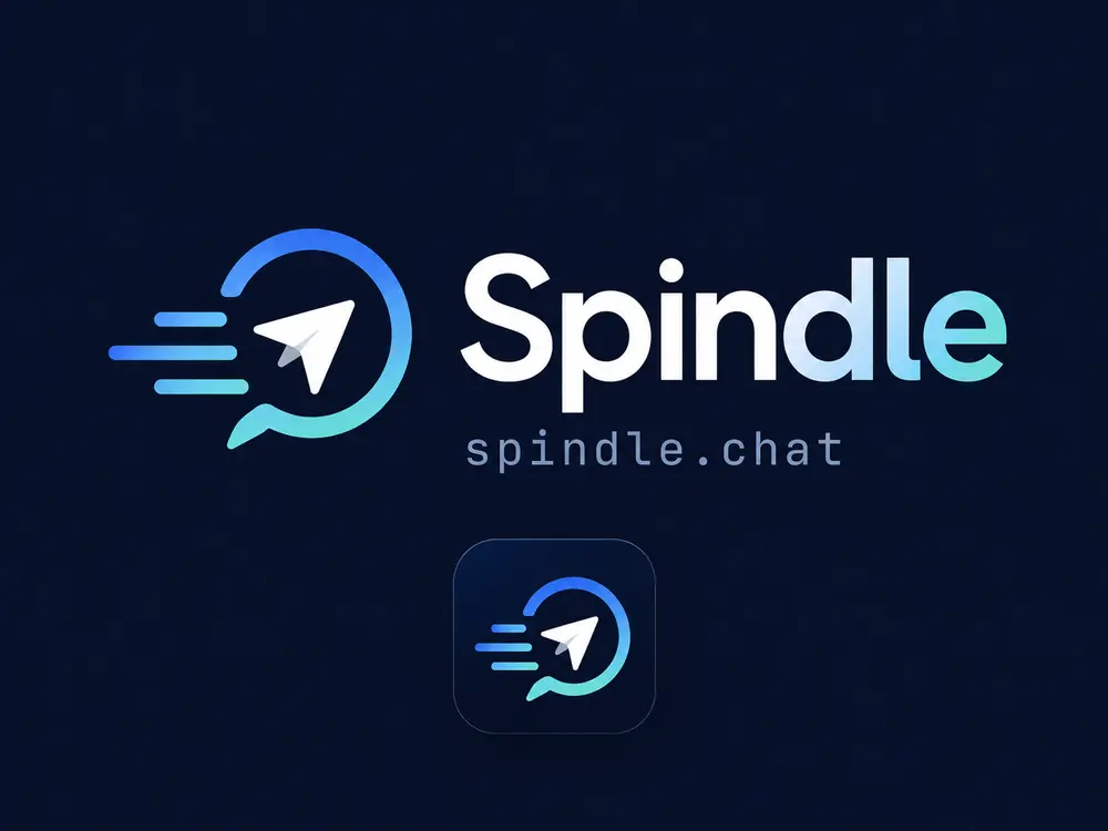 Final Spindle lockup — gradient ring mark with speed lines, wordmark, spindle.chat and app icon, on navy